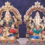 Pure Brass Ganesha Lakshmi Idol Pair with Meenakari Stonework - 8" Height